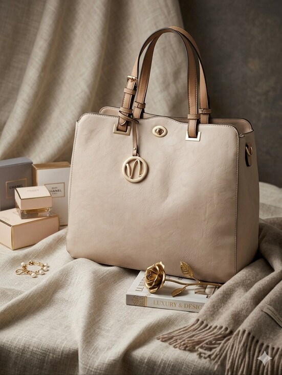 Simply Noelle Handbags - Simply Noelle Beige Tote with Tan Handles and Gold Accent